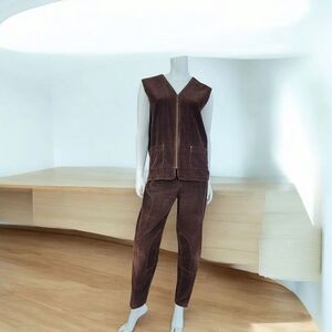 Vintage corduroy brown vest & brown high waist pants & sleeveless jacket